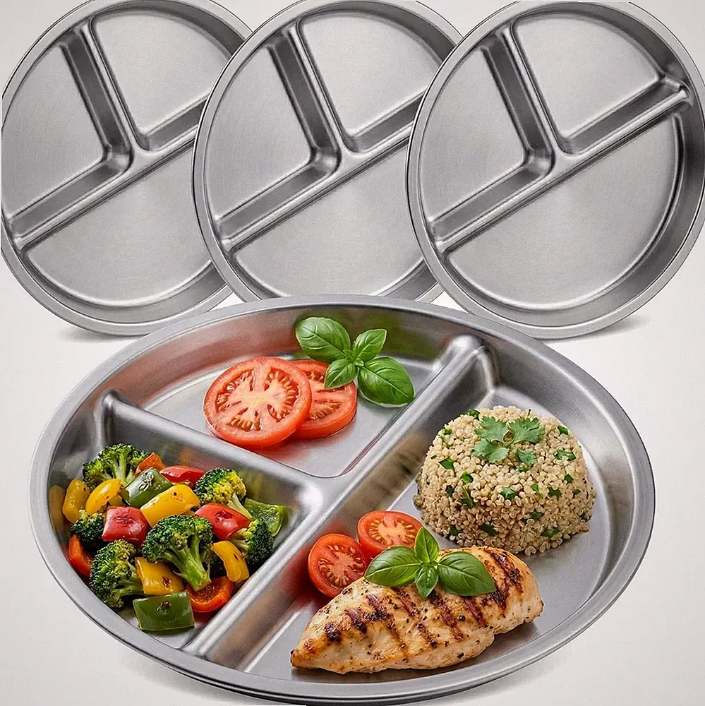 4 Pack 304 Stainless Steel Divided Plate, 8 Inch 3 Section Round Divided Plates