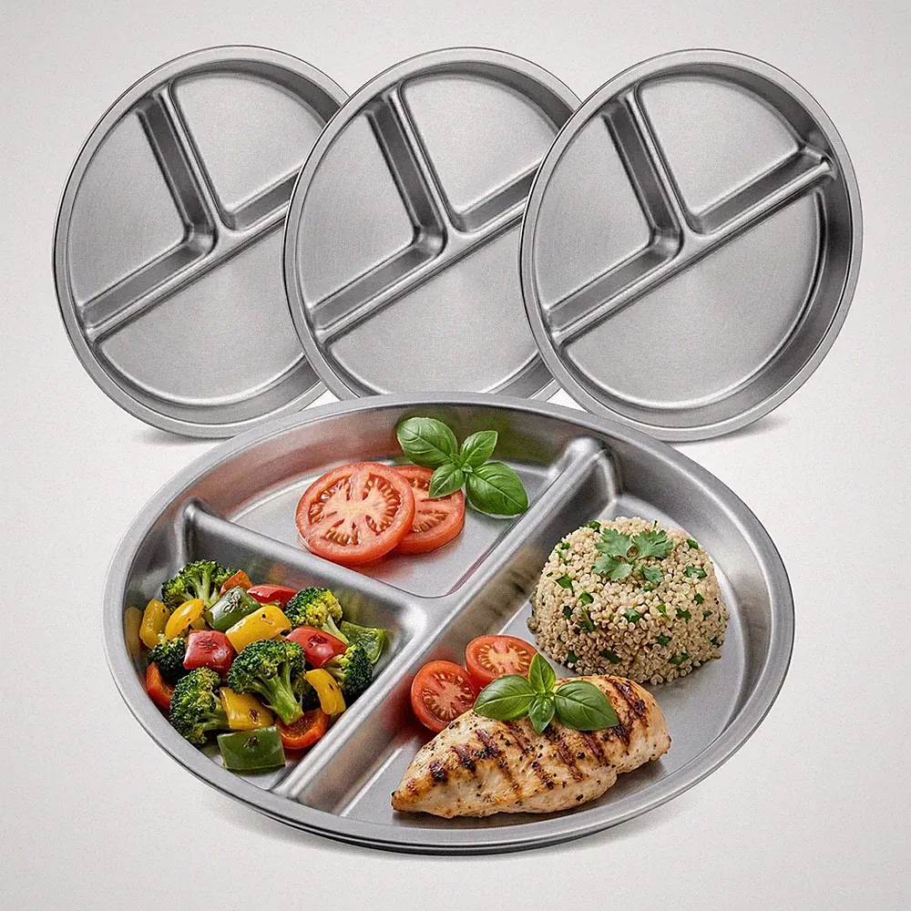 4 Pack 8 Inch 3 Section Stainless Steel Divided Plates Portion Control