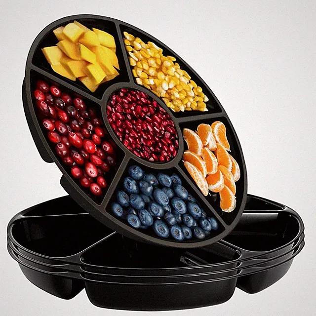 4 Pack Black Plastic Serving Trays 6 Sectional Heavy Duty Party Platter 12 Inch