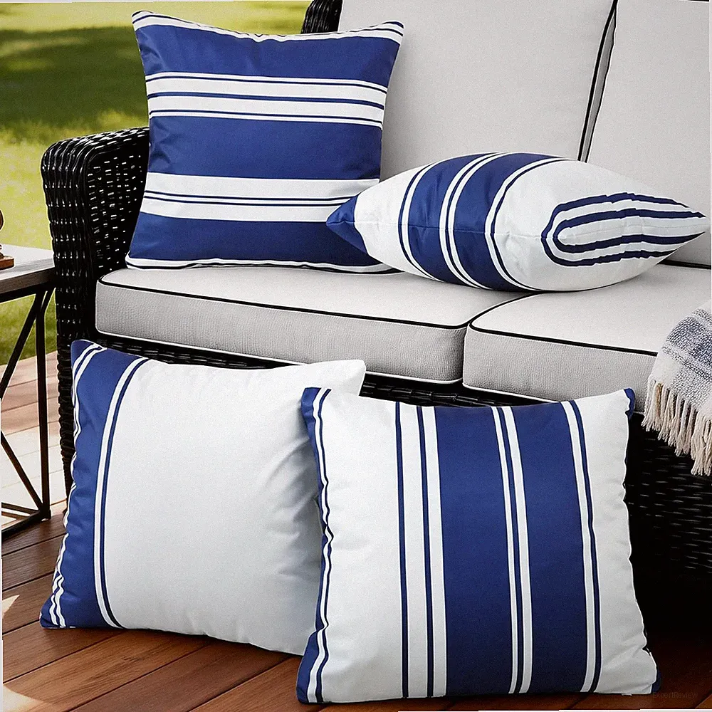 4 Pack Outdoor Waterproof Throw Pillow Covers 18X18 Inch | Striped Navy Blue