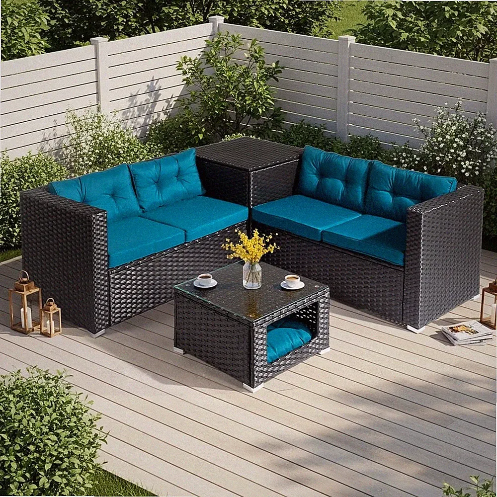 4-Pc Modular Patio Sectional with Storage Box & Pet Table, All-Weather PE Wicker