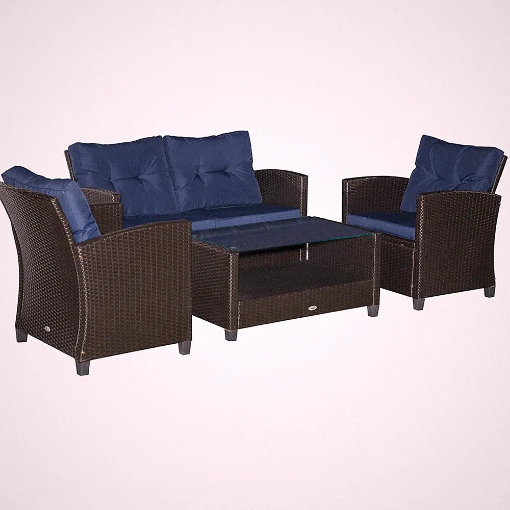 4 PC Navy Blue Outdoor Patio Conversation Sectional Set w/ Sofa, Coffee Table