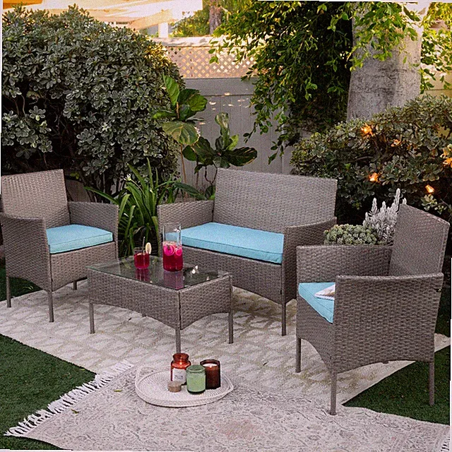 4 PC Outdoor Patio Conversation Sectional Set w/ Sofa & Coffee Table Aqua/Gray
