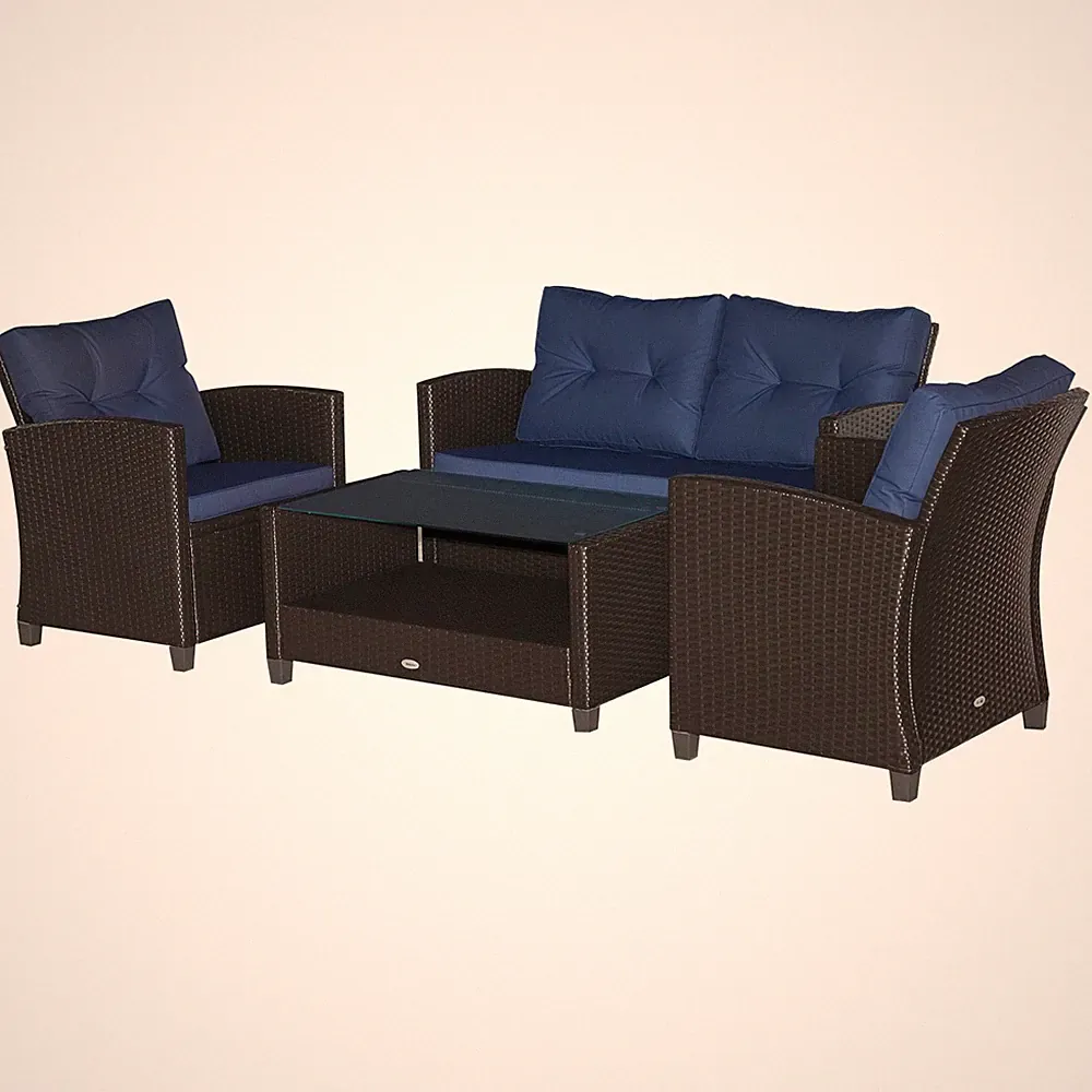 4 PC Outdoor Patio Conversation Sectional Set w/ Sofa, Coffee Table, Navy Blue