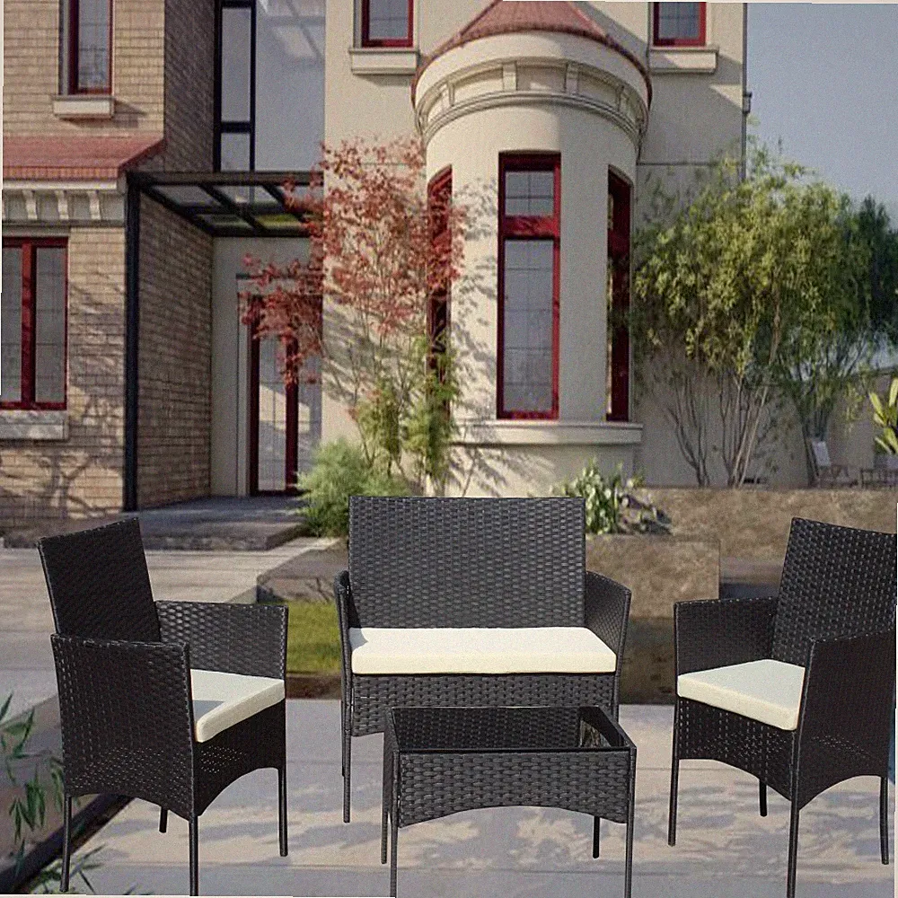 4 PC Rattan Patio Furniture Set Outdoor Cushioned Seat Wicker Sofa Beige Cushion
