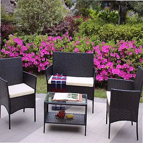 4 PC Rattan Patio Furniture Set Outdoor Patio Cushioned Seat Wicker Sofa Beige
