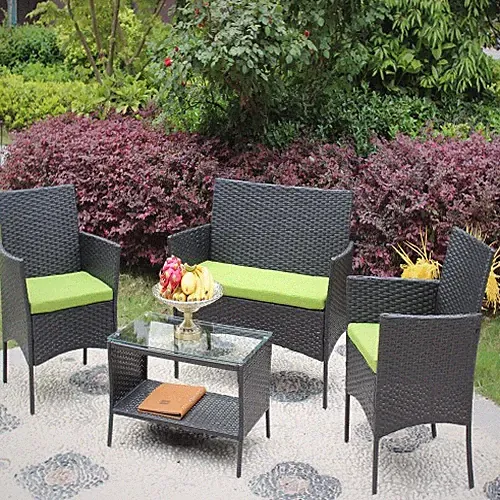 4 PC Rattan Patio Furniture Set Outdoor Patio Cushioned Seat Wicker Sofa Green C