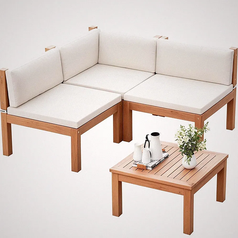 4 Pcs Acacia Wood Small Patio Sectional Coach Sofa 54'' L x 54''W Outdoor