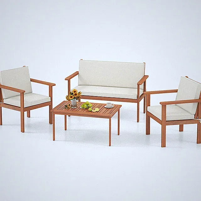 4 PCS Conversation Set w/ Seat & Back Cushions Loveseat Armchairs Acacia Wood