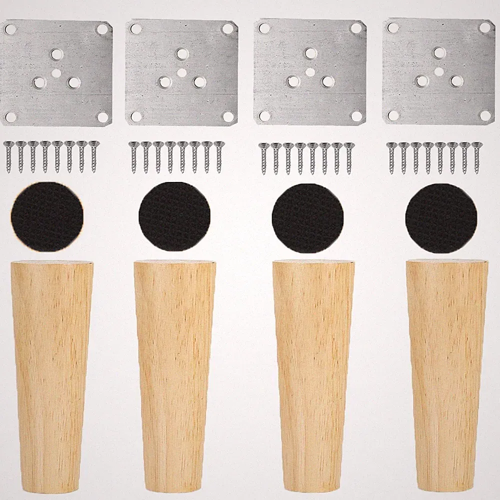 4 PCS Nature Wood Furniture Leg 8 Inch Round Sofa Bed Couch Feet Pads Screws