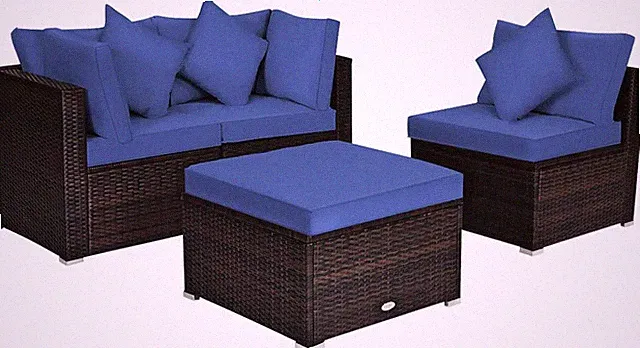 4 PCS Outdoor Rattan Sofa Set with Cushions & Pillows - Blue Patio Furniture