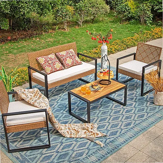 4 Pcs Outdoor Wicker Patio Furniture Set Rattan Sectional Conversation Sofa Set