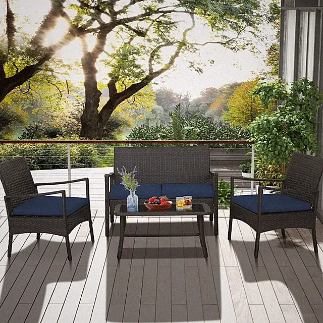 4 PCS Patio Conversation Set Rattan Chair Glass Coffee Table for Porch Backyard