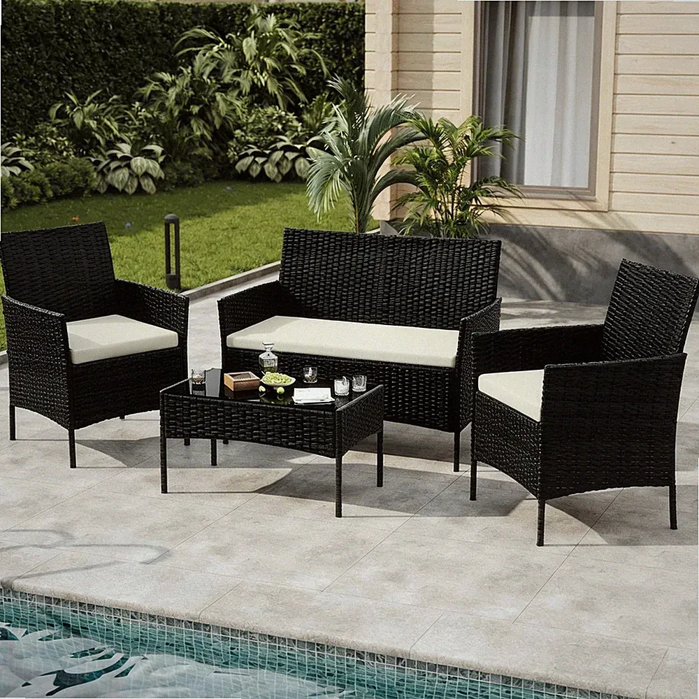 4 PCS Patio Furniture Set Outdoor Sectional Sofa Rattan Wicker Sofa Set Black