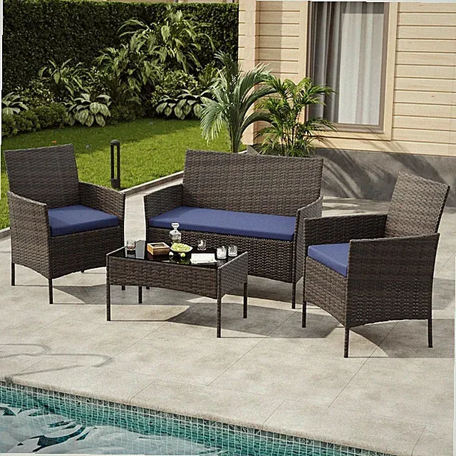 4 PCS Patio Furniture Set Outdoor Sectional Sofa Set Rattan Wicker Sofa Navy