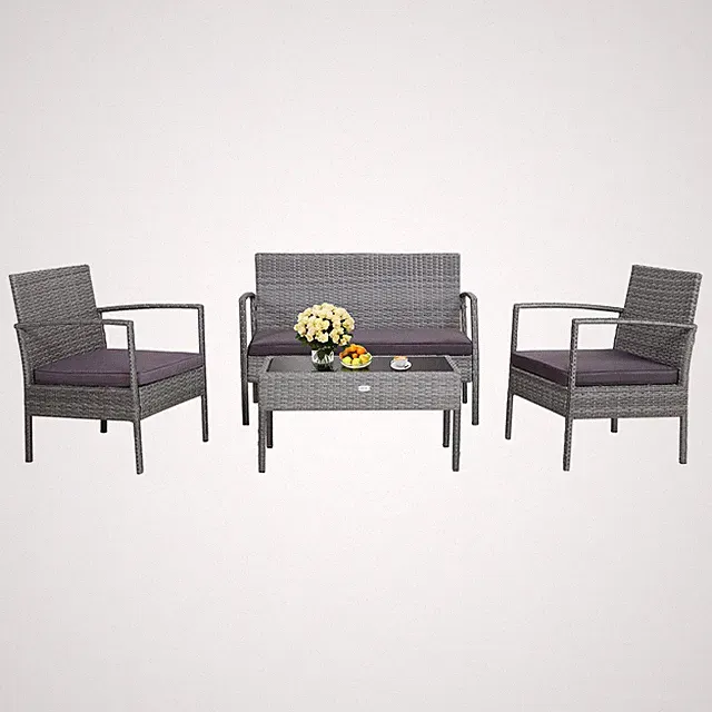 4 PCS Patio Rattan Furniture Set Sectional Conversation Sofa Set for Backyard