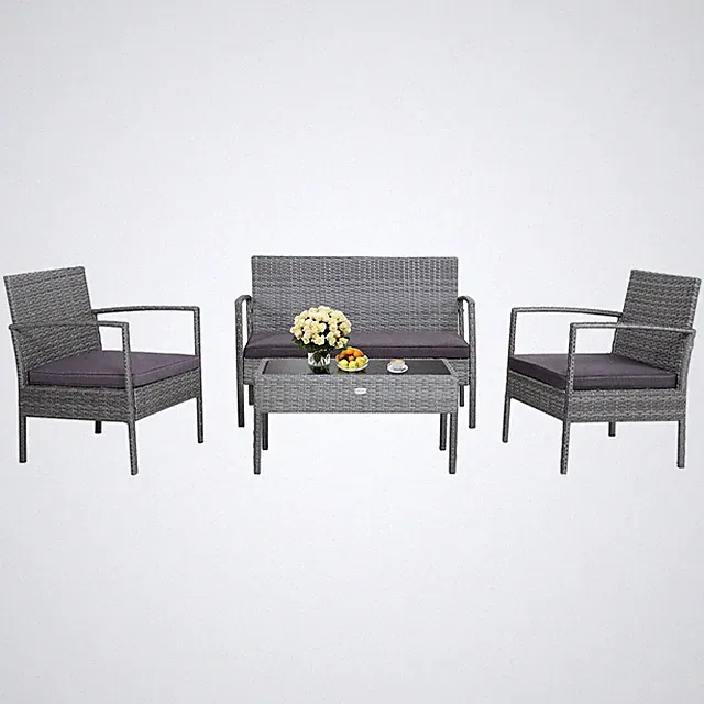4 PCS Patio Rattan Furniture Set Sectional Conversation Sofa Set for Backyard