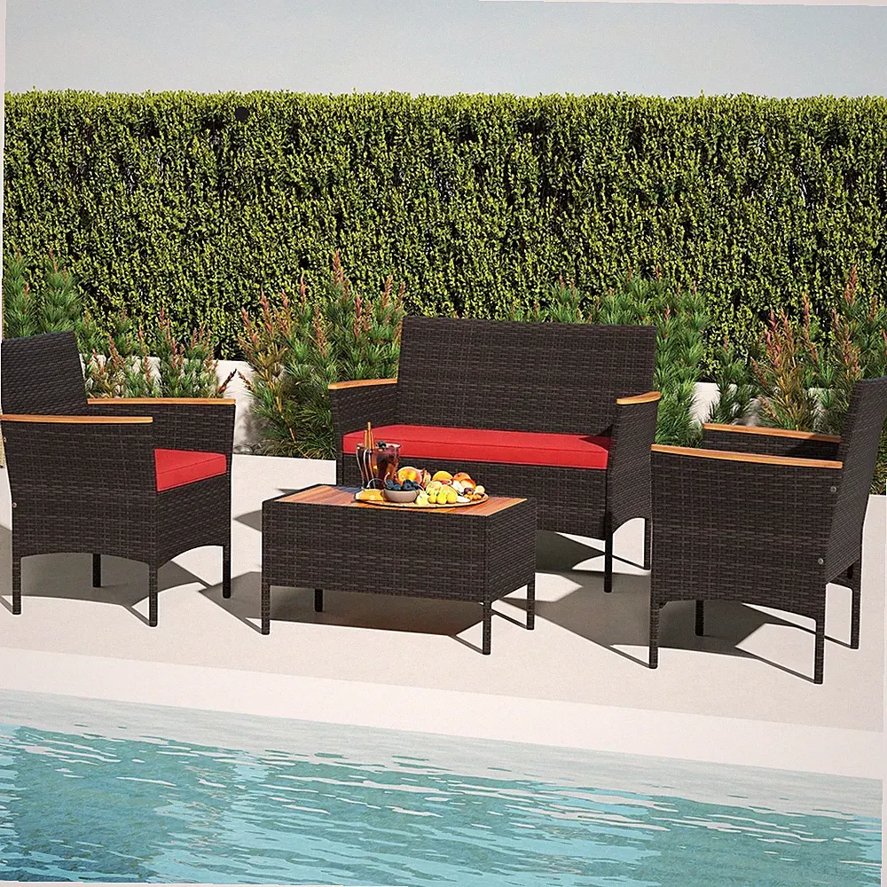 4 PCS Patio Wicker Sofa Set w/ Coffee Table Acacia Wood Armrests and Tabletop