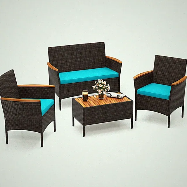 4 PCS Patio Wicker Sofa Set w/ Coffee Table Acacia Wood Armrests & Tabletop