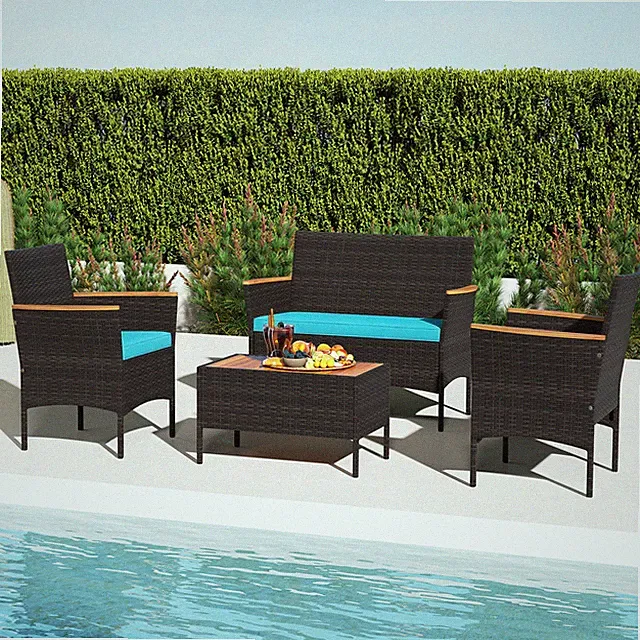 4 PCS Patio Wicker Sofa Set with Coffee Table Acacia Wood Armrests and Tabletop