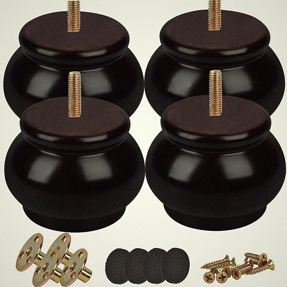 4 PCS Solid Wood Furniture Legs 2 Inch Round Bun Feet Replacement for Sofa Bed