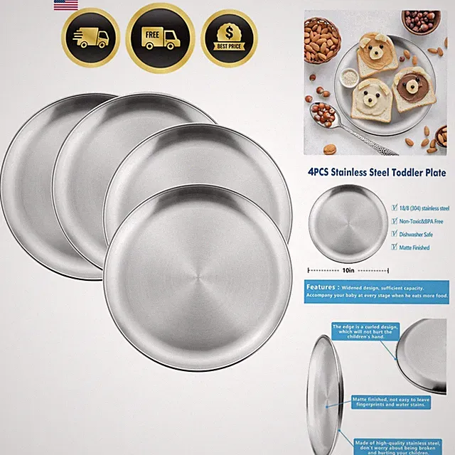 4-Piece 18/8 Stainless Steel Plates, 10 Inch Dinner Dishes for Kids