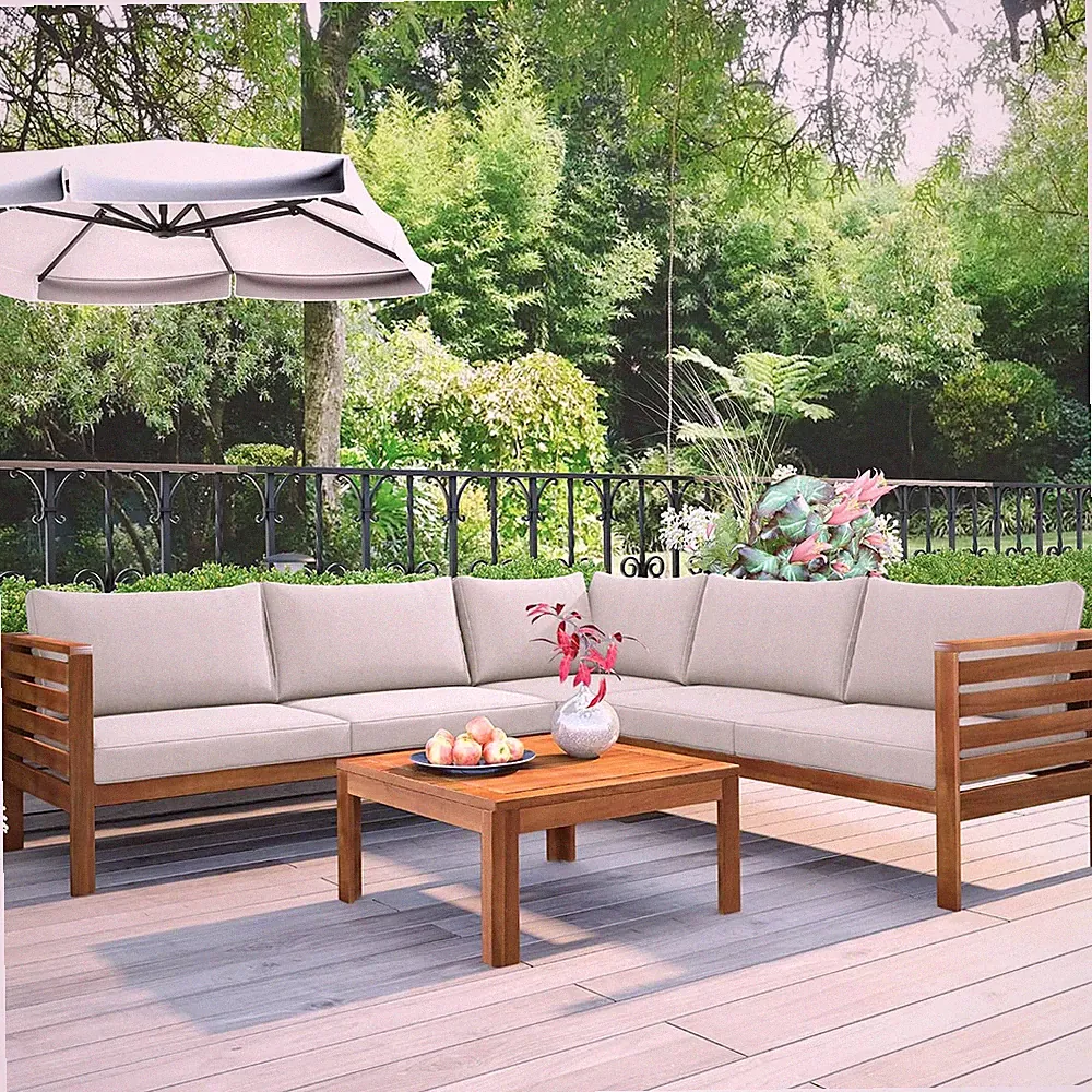 4-Piece Acacia Wood Outdoor Sofa Set with Beige Cushions