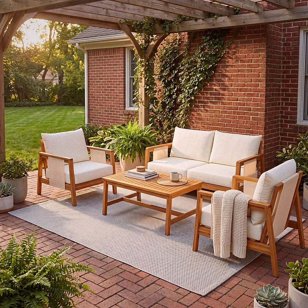 4-Piece Acacia Wood Outdoor Sofa Set with Loveseat & Coffee Table