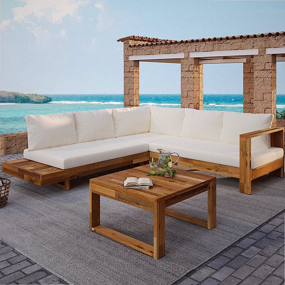 4-Piece Acacia Wood Patio Sectional Set L-Shaped Outdoor Sofa Garden Couch Set