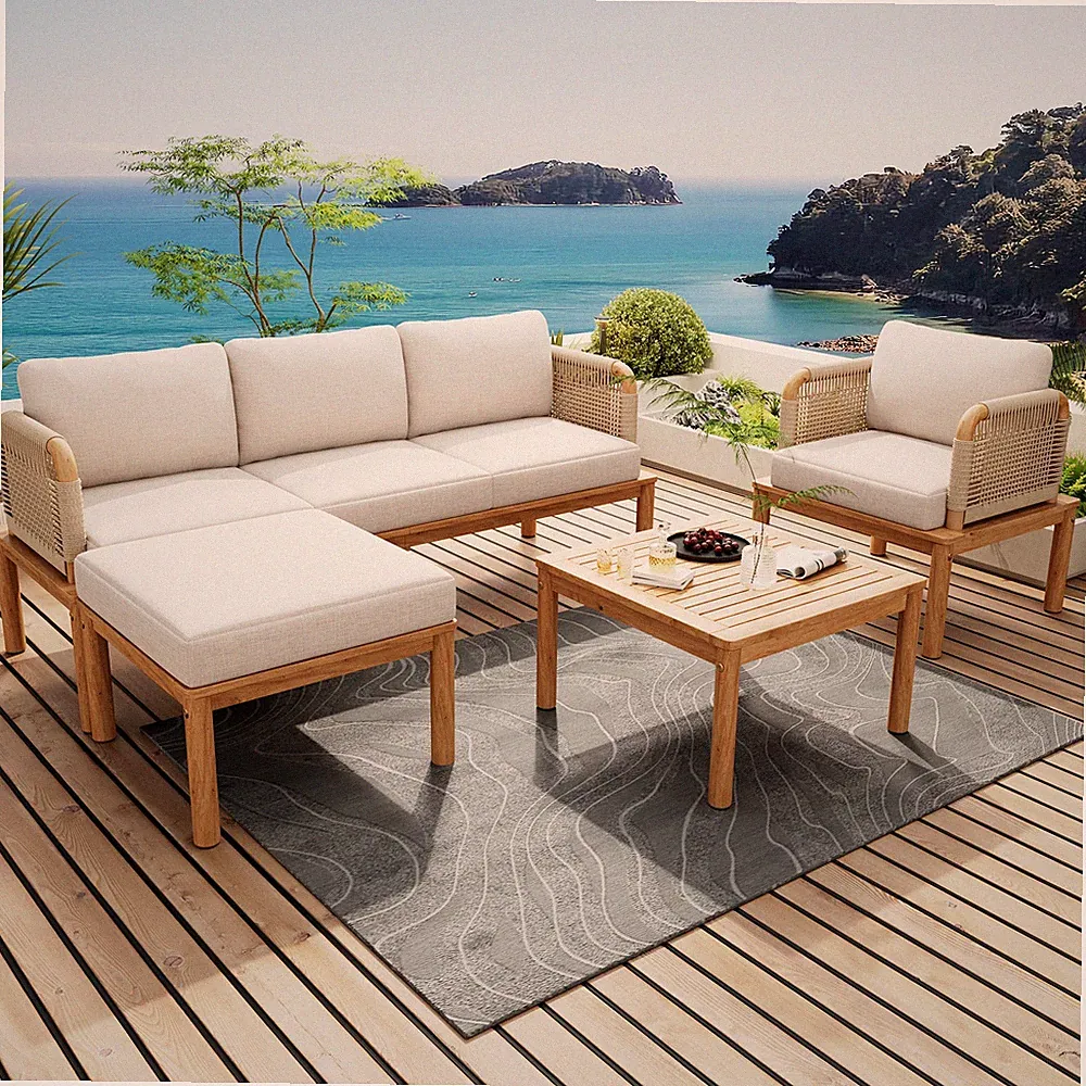 4-Piece Acacia Wood Patio Sectional Set Outdoor Sofa Couch Set W/ Coffee Table