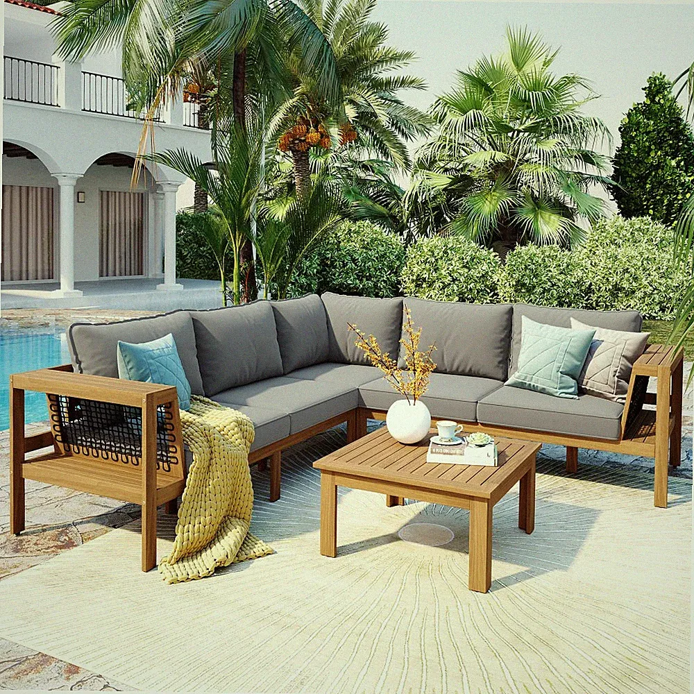 4-Piece Acacia Wood Patio Sofa Set w/ Coffee Table - L-Shaped Outdoor Sectional