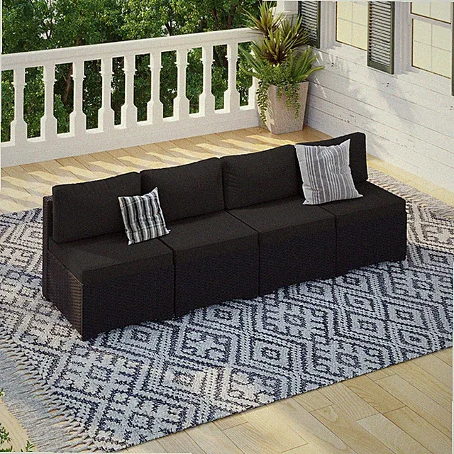 4-Piece Black Rattan Sofa Set with Black Cushions
