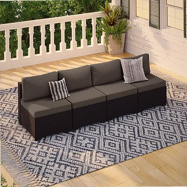 4-Piece Black Rattan Sofa Set with Drak Gray Cushions