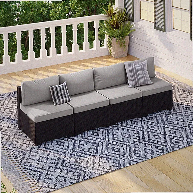 4-Piece Black Rattan Sofa Set with Light Gray Cushions
