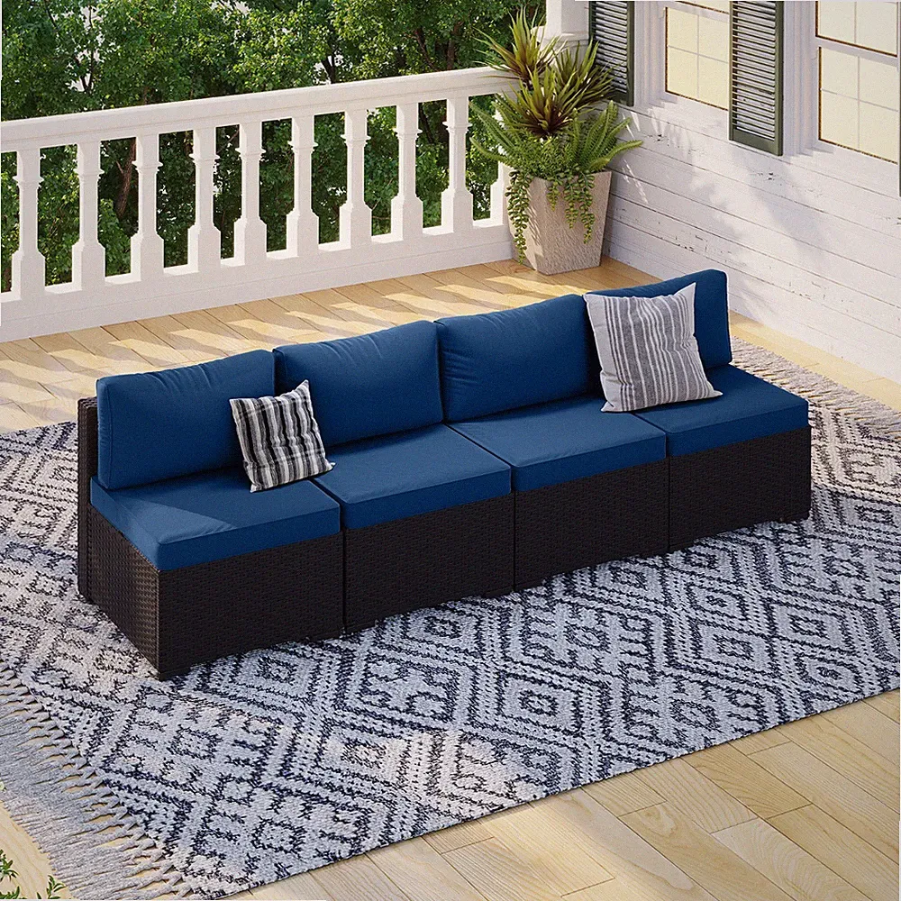 4-Piece Black Rattan Sofa Set with Navy Blue Cushions