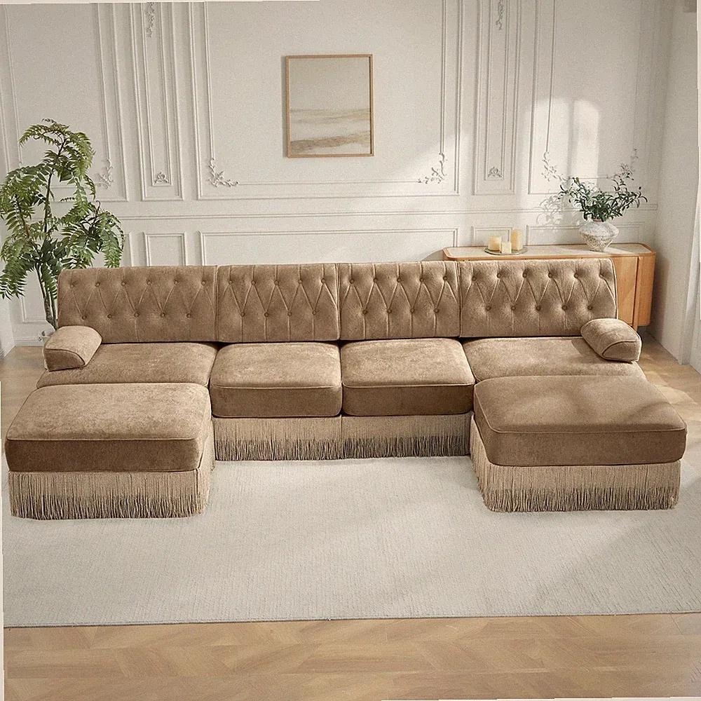 4-Piece Camel Velvet Sectional Sofa with 2 Ottomans, Tassel Skirt
