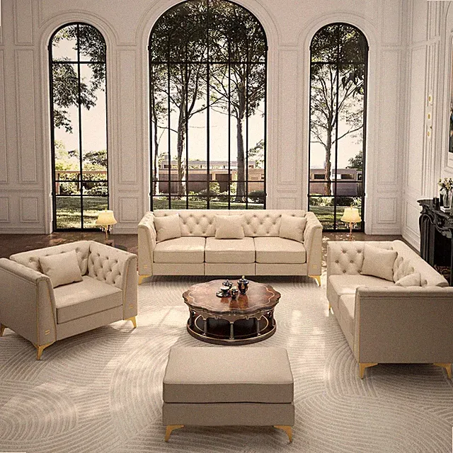4-Piece Chesterfield Sofa Set, Tufted Faux Leather, Beige