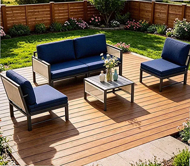4-Piece Dark Blue Aluminum Outdoor Patio Sectional Sofa Set with Central Table