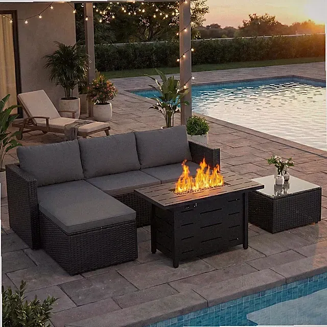 4-Piece Grey PE Wicker Patio Set, 43" Propane Fire Pit Table | Modular Design, R