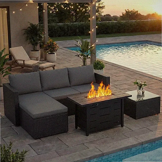 4-Piece Grey PE Wicker Patio Set, 43" Propane Fire Pit Table | Modular Design, R