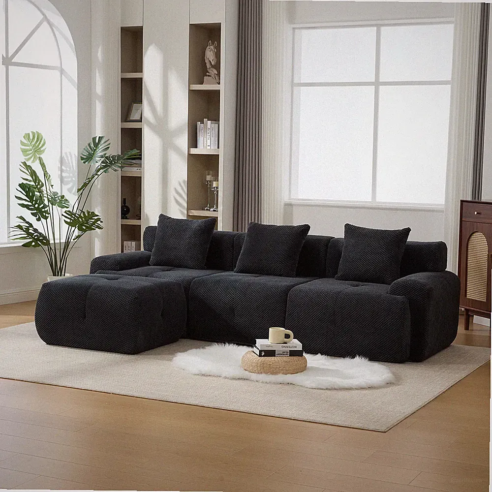 4-Piece L-Shaped Modular Sectional Sofa Polyester Fuzzy Fabric Charcoal
