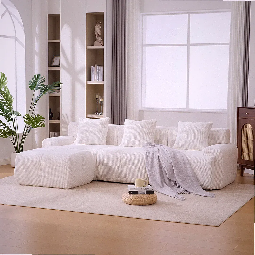 4-Piece L-Shaped Modular Sectional Sofa Polyester Fuzzy Fabric Ivory