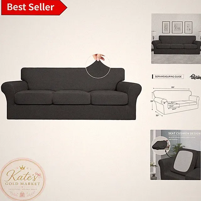 4 Piece Large Sofa Slipcover Set - Elastic Dark Gray Protector for Multi-Cushion