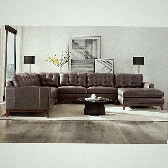 4-Piece Leather Sectional Sofa Hand Tufted Solid Wood Base + Legs Brown