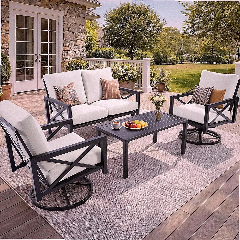 4 Piece Metal Patio Set, Loveseat Sofa with Rockers | High Back Swivel Rocker, 3