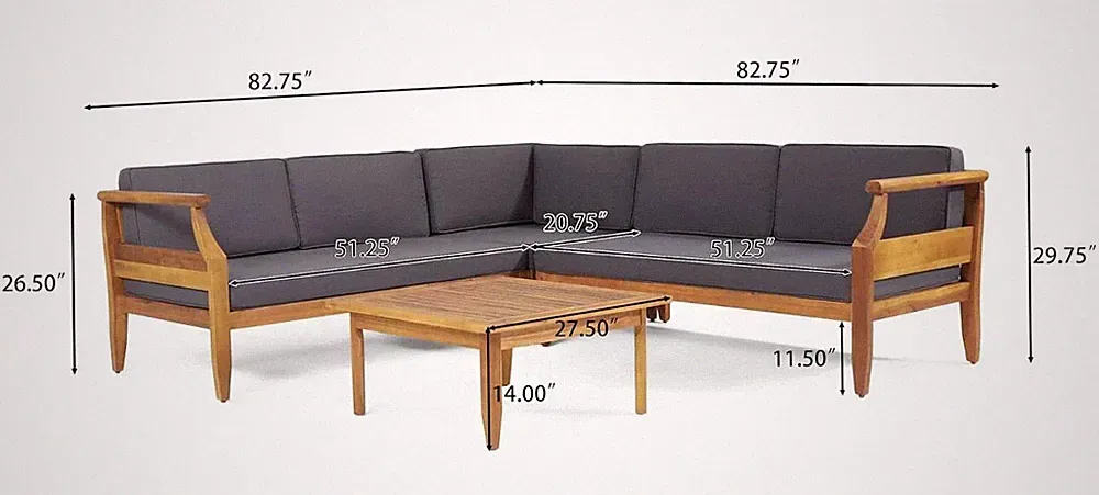 4-Piece Mid-Century Modern Acacia Wood Outdoor Sectional Sofa Set Grey