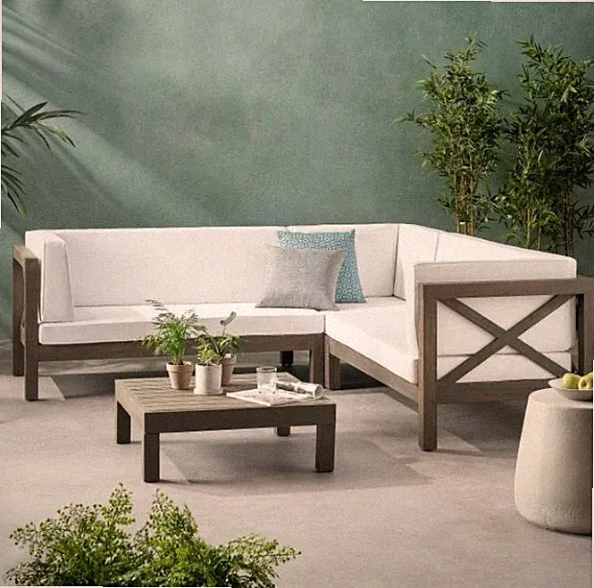 4-Piece Mid-Century Modern Acacia Wood Outdoor Sectional Sofa Set White