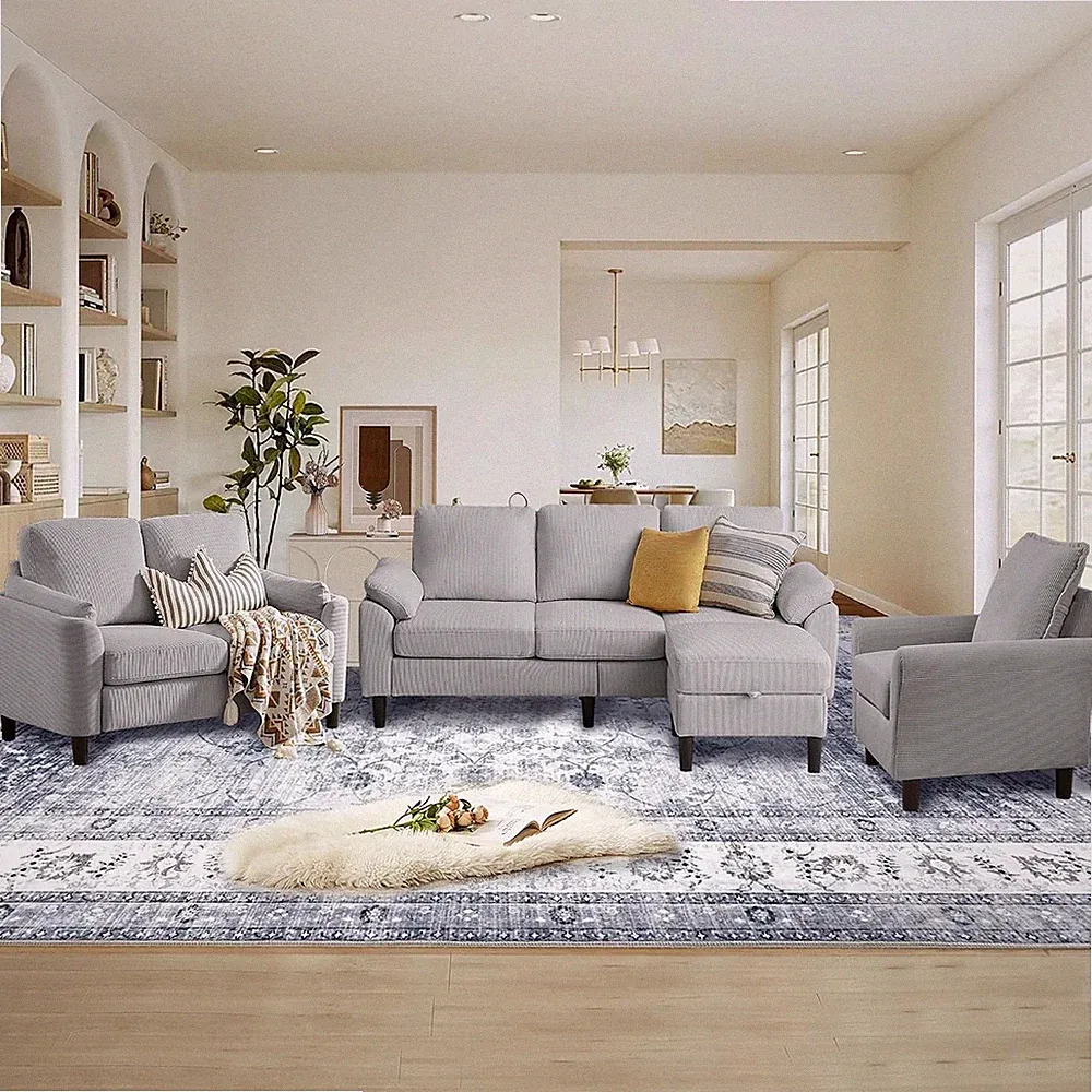 4 Piece Modern Corduroy Sofa Set, L-Shaped Sectional Couch with Storage Ottoman