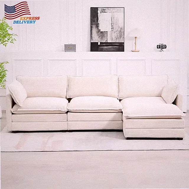 4 Piece Modern Straight Arm Corduroy Fabric L-Shaped Sectional Sofa with Ottoman