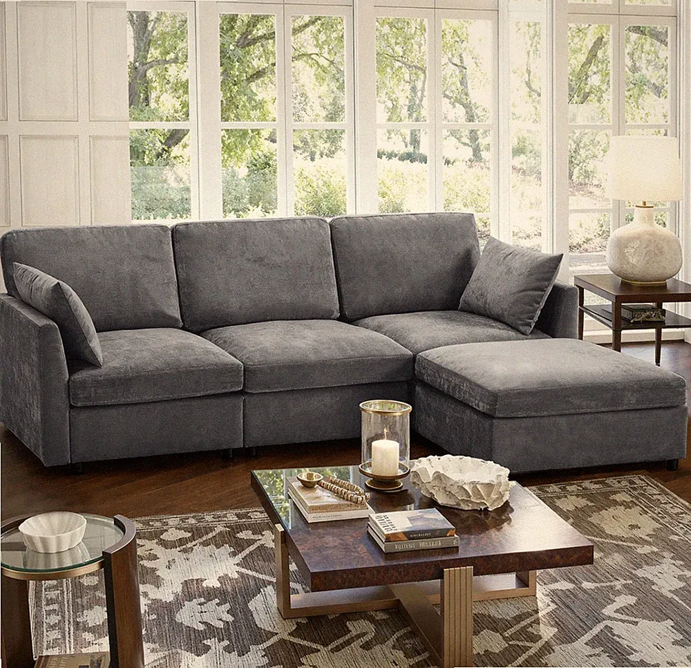 4-Piece Modular Cloud Couch Reversible Sectional with Ottoman - Gray Chenille